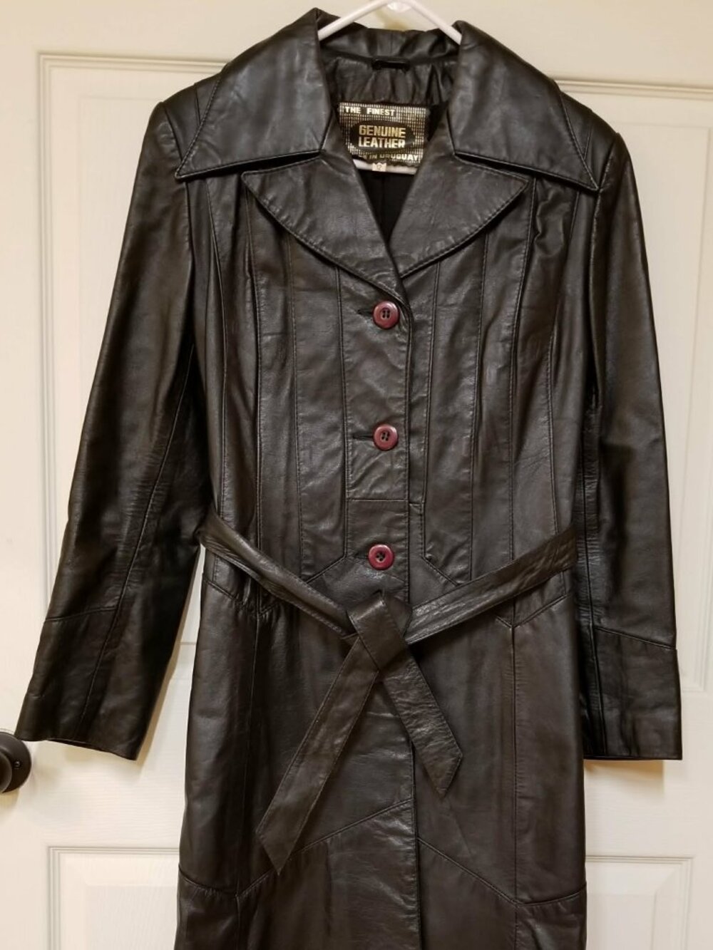 Genuine Black Leather Belted Trench Coat Made in Uruguay - Size 12 Rare VTG